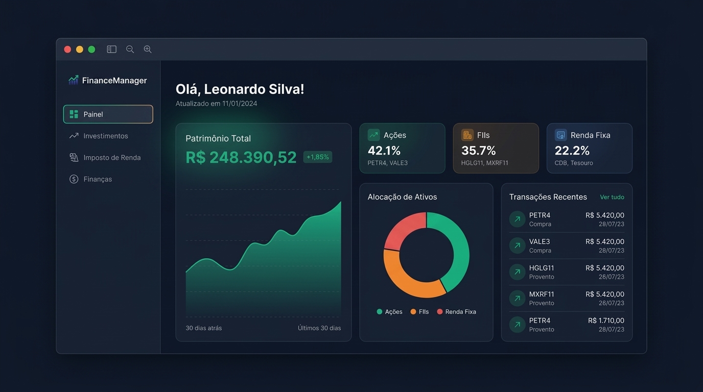 Painel do FinanceManager com patrimônio total, alocação de ativos e transações recentes