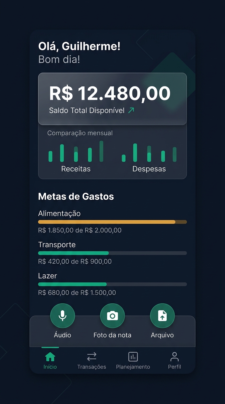 FinanceManager no celular com saldo, metas de gastos e lançamento por áudio, foto ou arquivo
